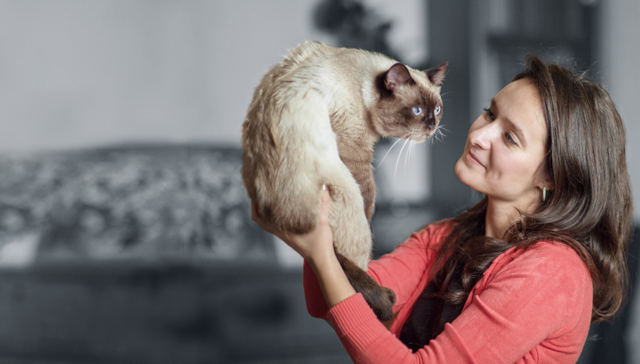 Una donna che guarda il muso del gatto mentre glielo tiene sollevato in aria